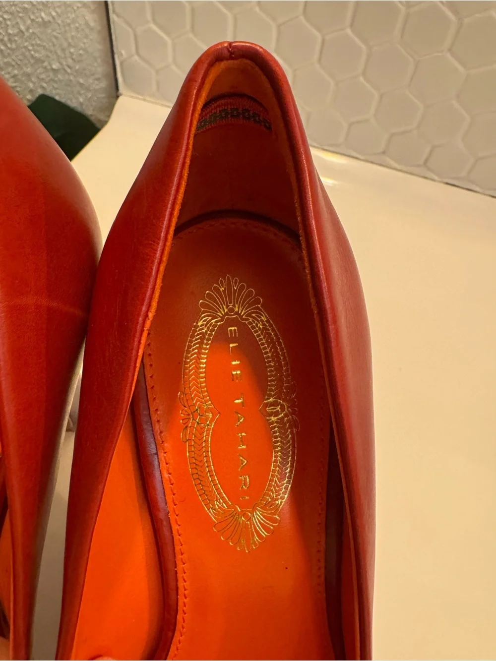 Elie Tahari Luxe Burnt Orange Harper Leather Pumps with Purple Accent $398